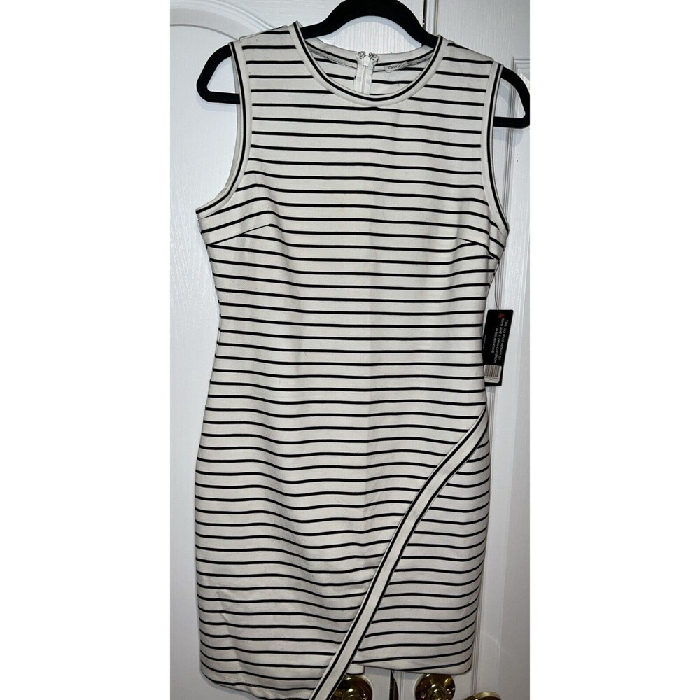 Olivia Grey Bodycon Dress Mini L White Black Striped Sleveless Zip Stretch NWT